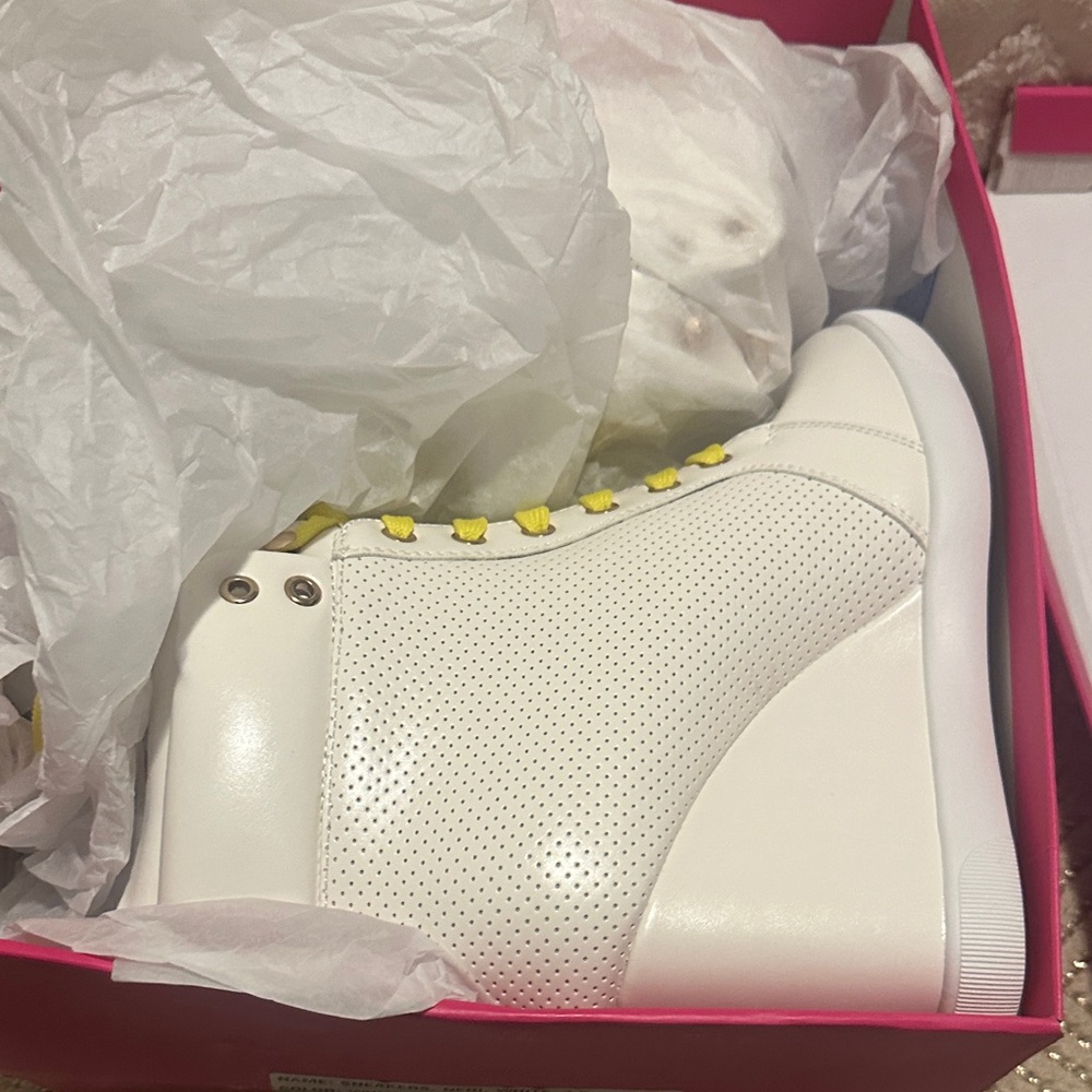 Shoe Dazzle White Wedge Sneakers with Yellow Laces - Picture 6 of 6